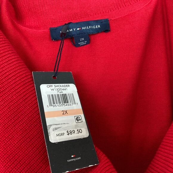New TOMMY HILFIGER Women's 2X Off-The-Shoulder Sweater Red Navy Blue Stripe - Picture 4 of 6
